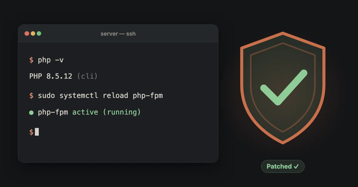 A server window beside a PHP version list, the patched version highlighted in green