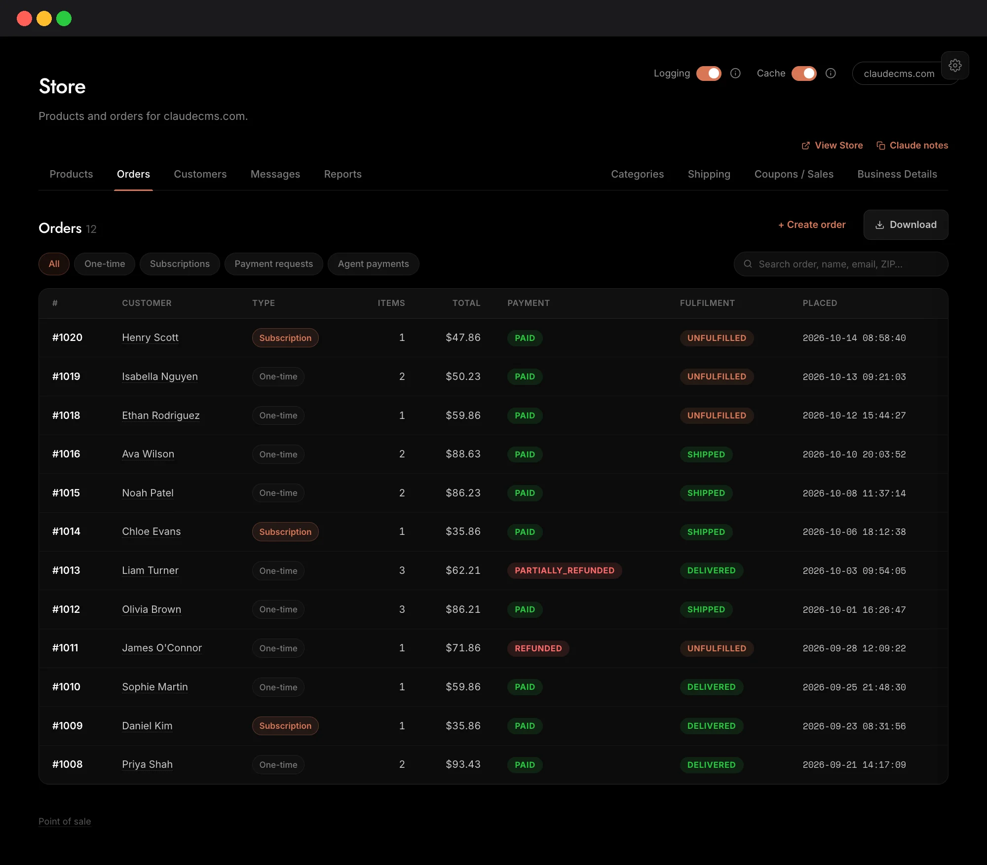 Claude CMS store admin panel showing a list of orders with payment and fulfillment status