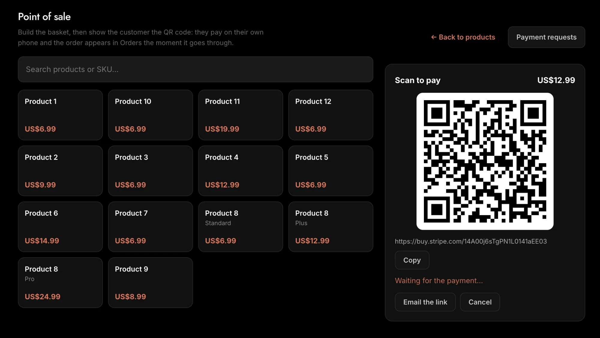 The point of sale: product tiles on the left, a basket with a QR code to scan and pay on the right